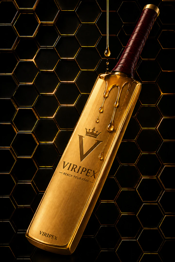 Golden VIRIPEX cricket bat with oil against a black-and-gold honeycomb background